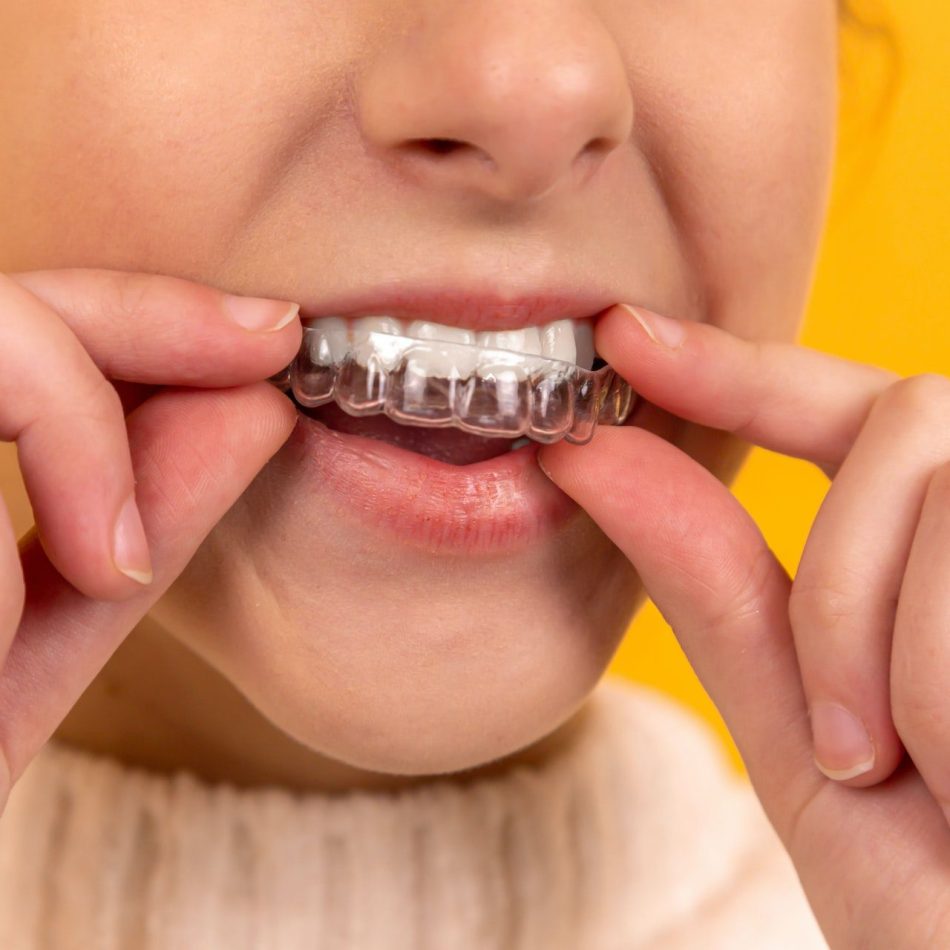 Young female putting on clear braces